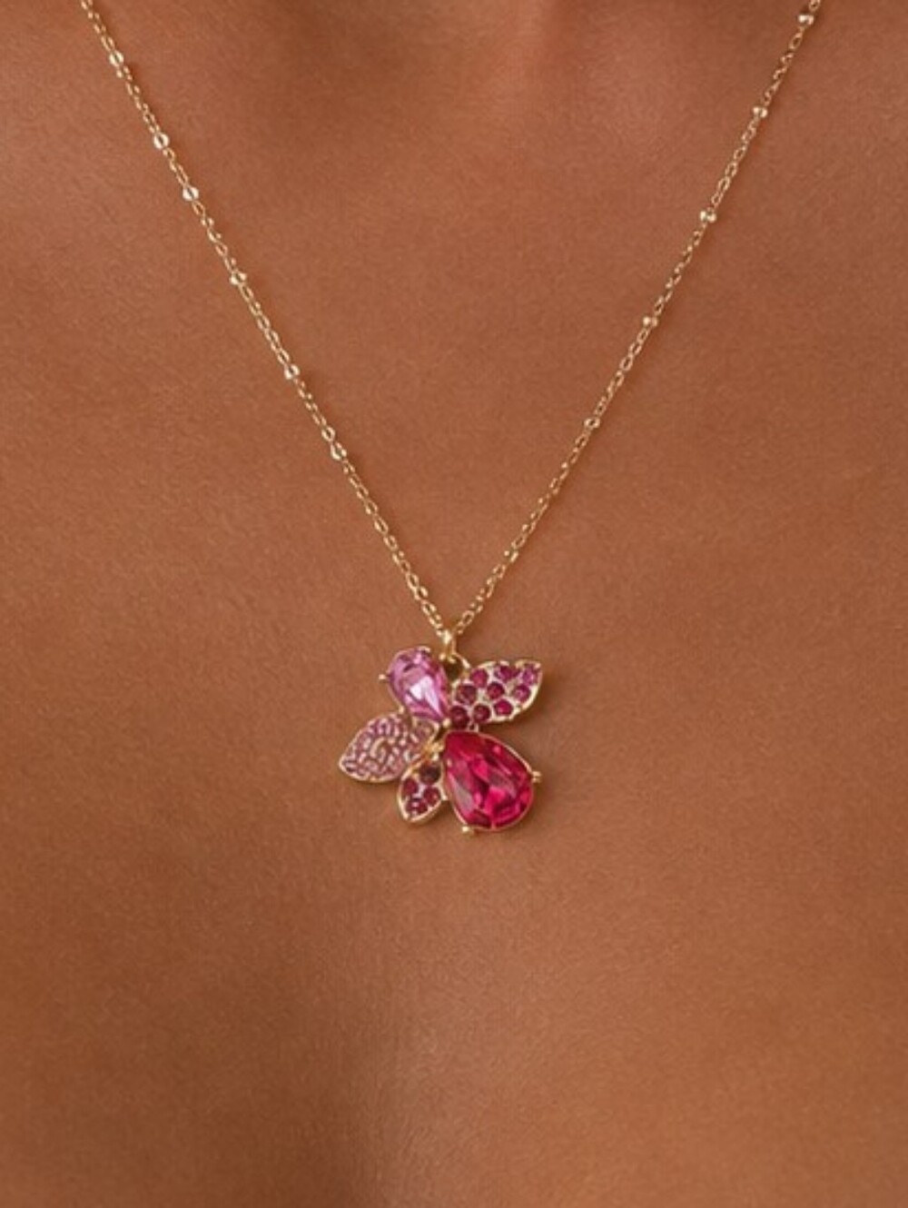 💎 NWT Macy's Pink Crystal Butterfly Pendant Gold Tone Necklace Adjustable
